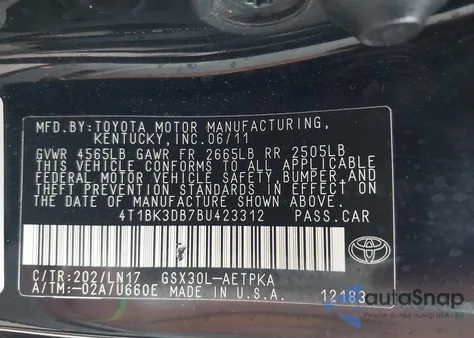 2011 Toyota Avalon Limited from USA, damaged, VIN 4T1BK3DB7BU423312